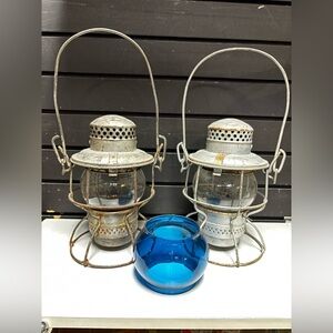 Antique 1920s CNR Railway lanterns with RARE turquoise blue replacement glass